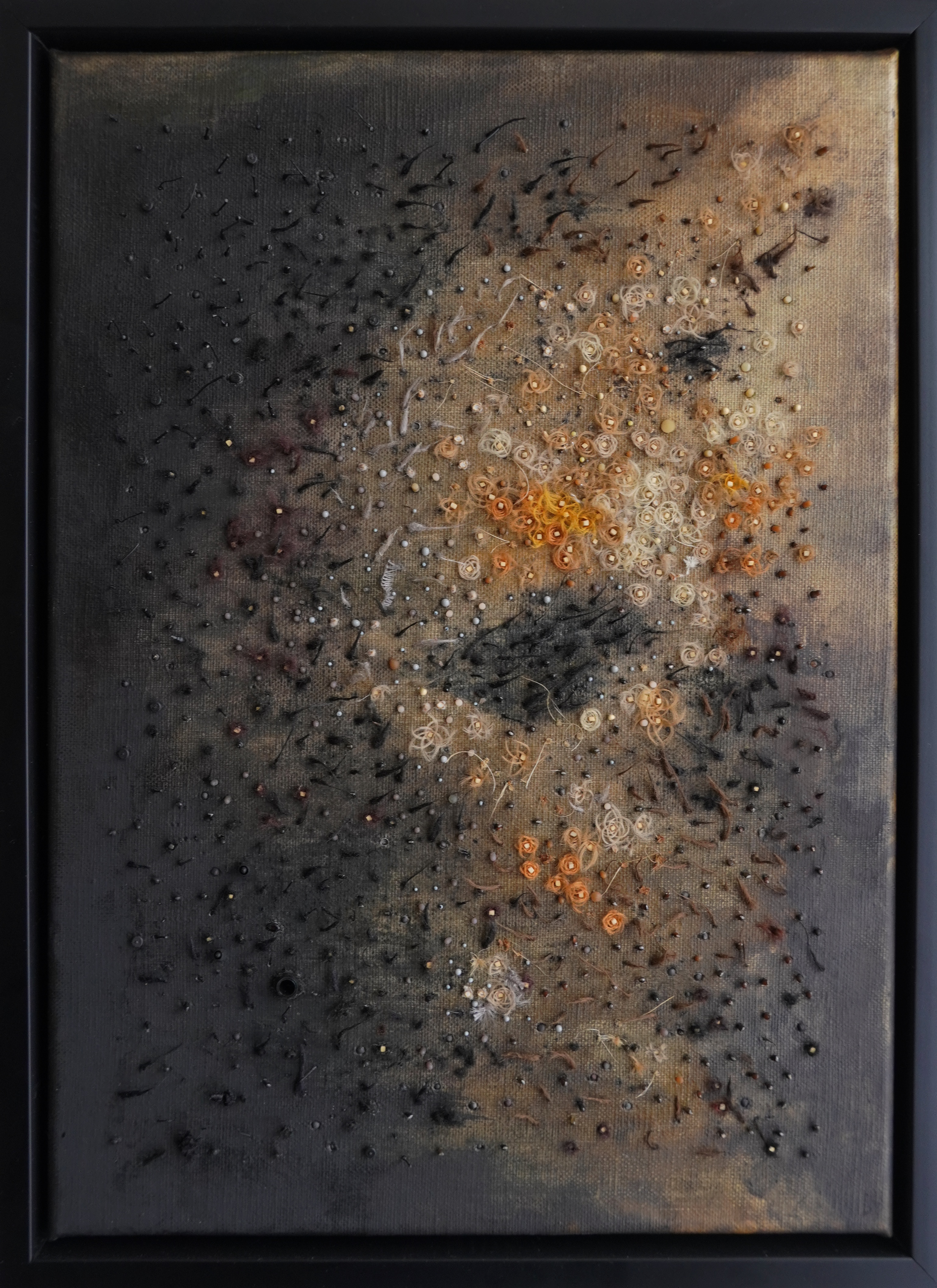 Smoke Fill, Anna Jalanski, ink with natural and synthetic materials on linen, 28.5 x 38.5cm, 2026