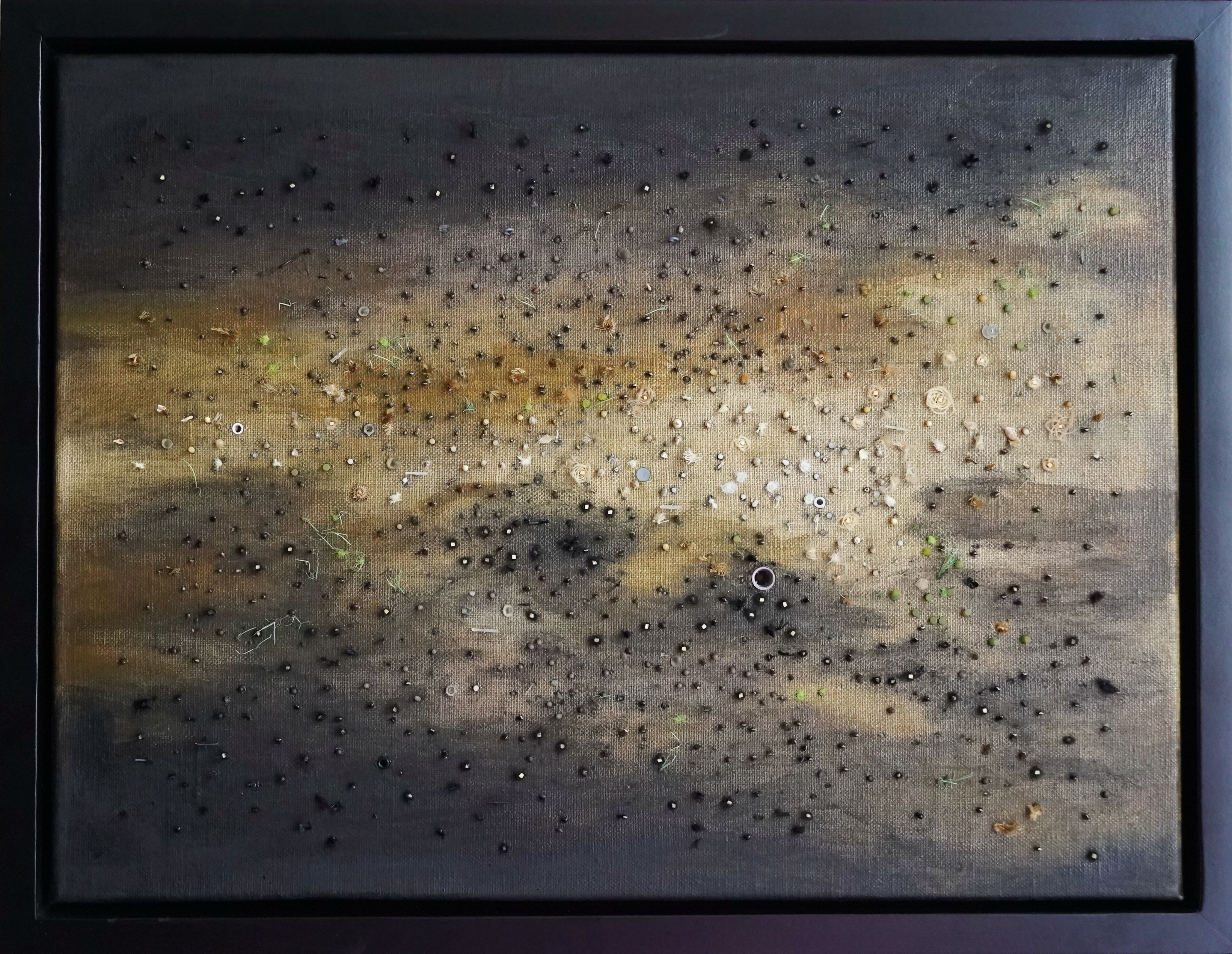 Swamp Fill, Anna Jalanski, ink with natural and artificial material on linen, 44cm x 34.5cm, 2026